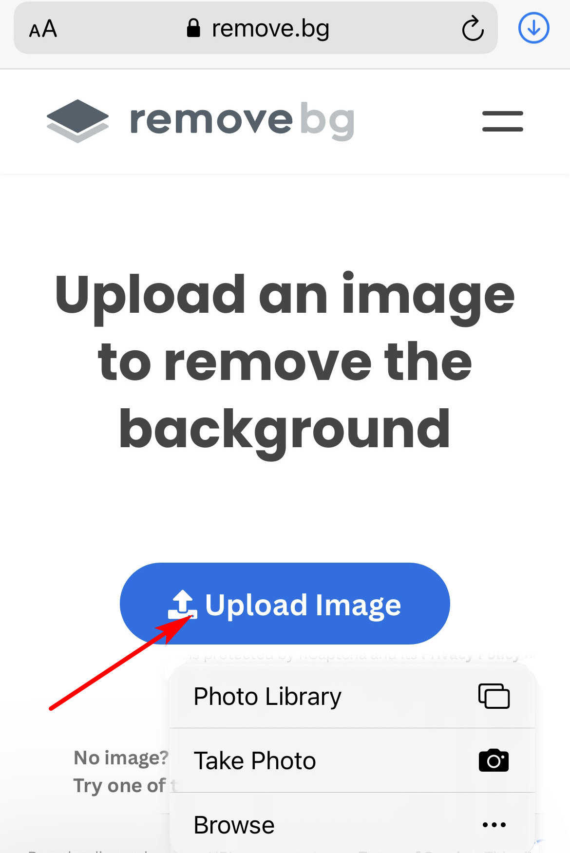 Upload an image in remove.bg
