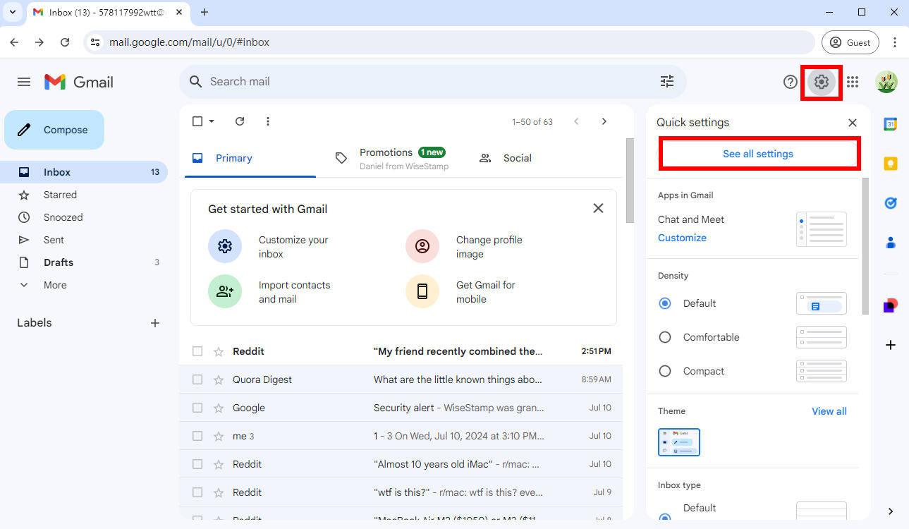 Apri le impostazioni di Gmail