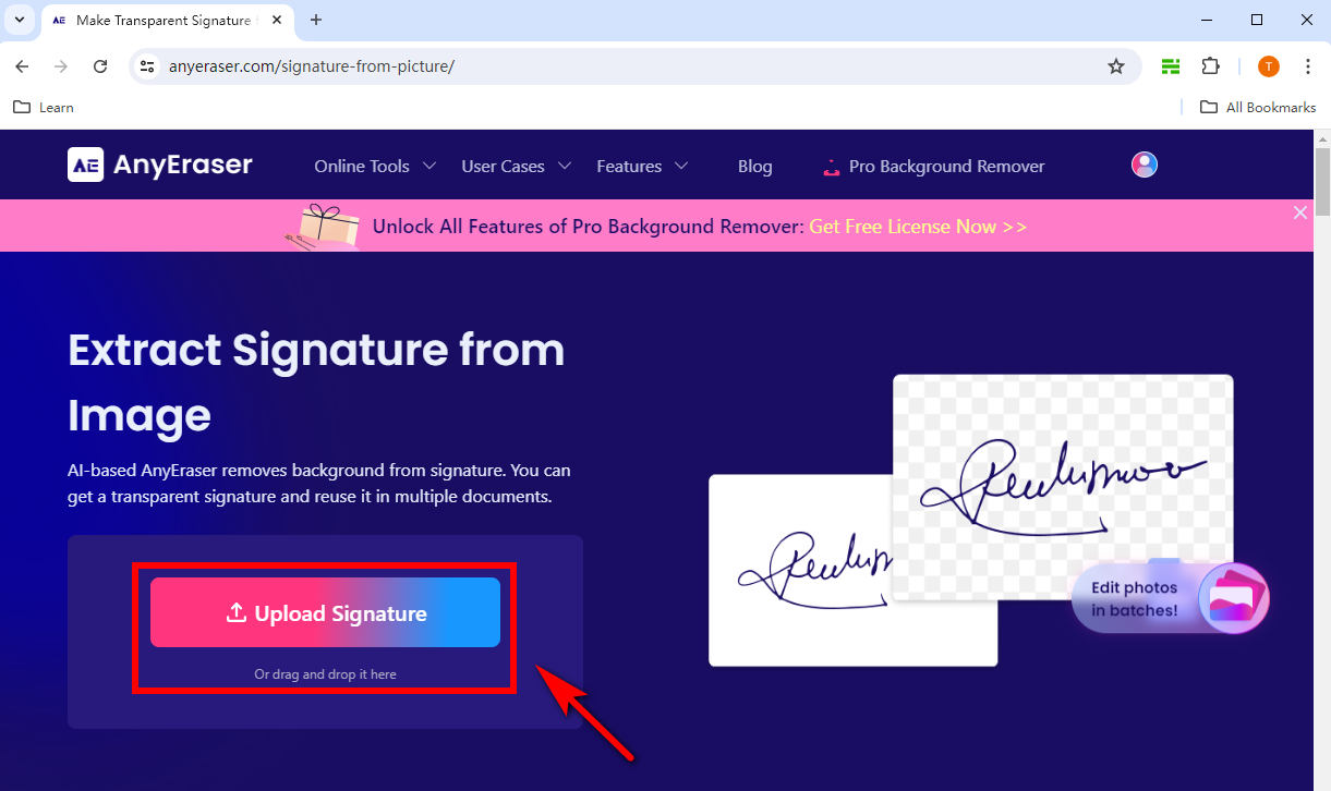 Upload a signature picture to AnyEraser Digital Signature Maker