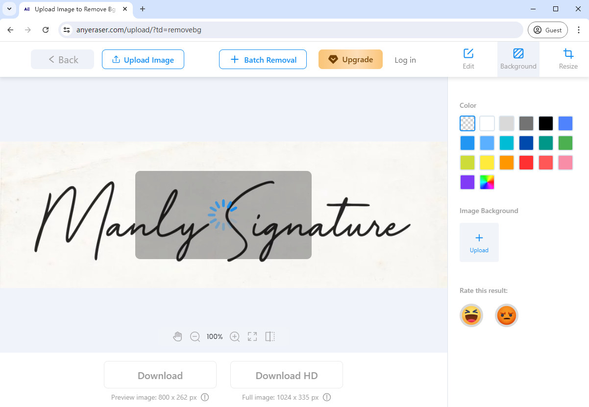 AnyEraser Digital Signature Maker entfernt den Hintergrund aus dem Signaturbild