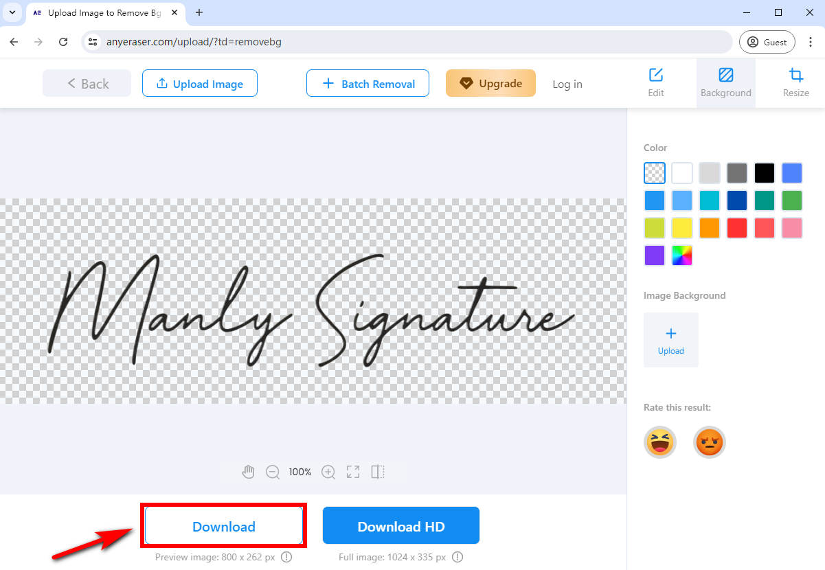 Download the digital signature in a PNG format