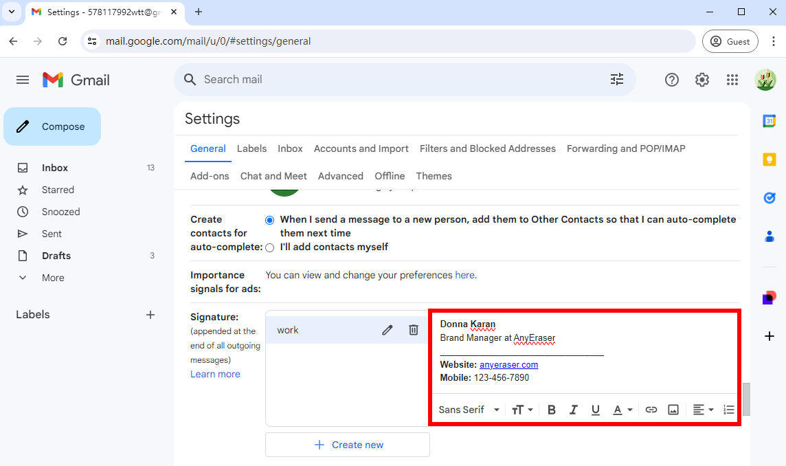 Crea firma in Gmail