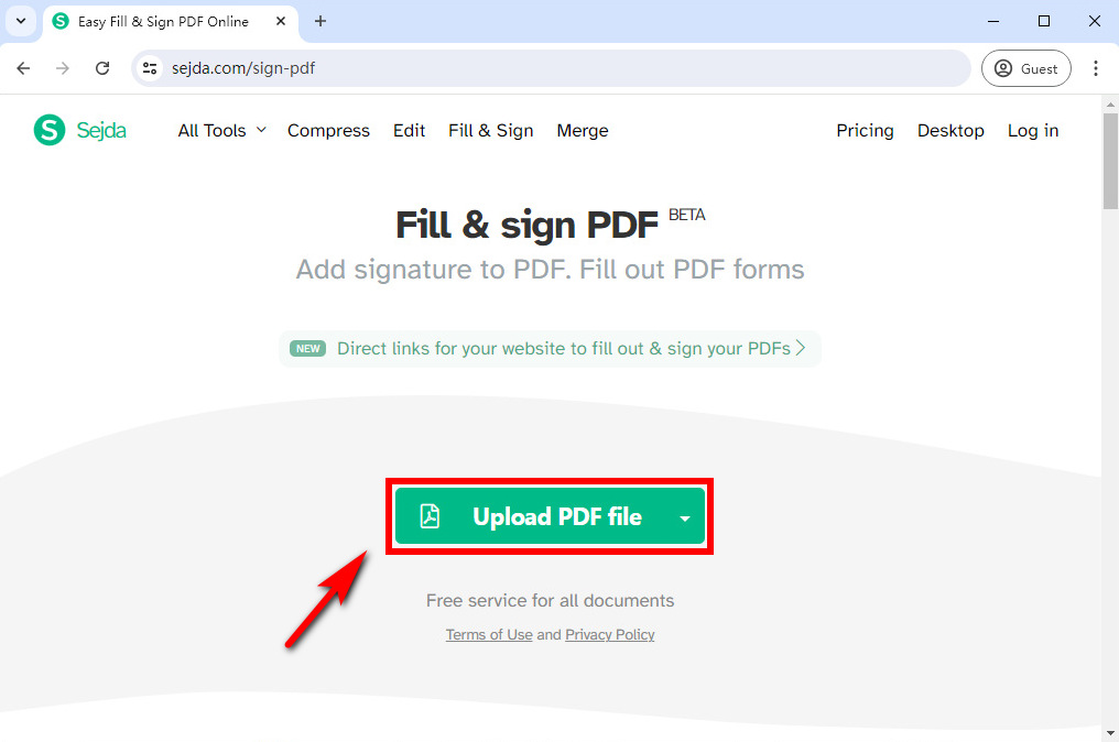 Upload a PDF file to Sejda online tool