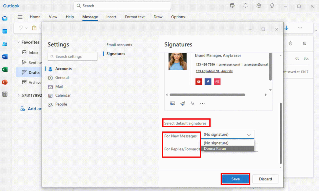 Select default signatures