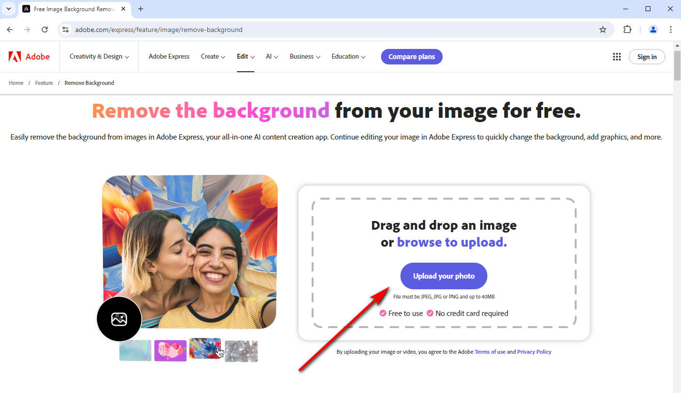 Upload an image in Adobe Background Remover