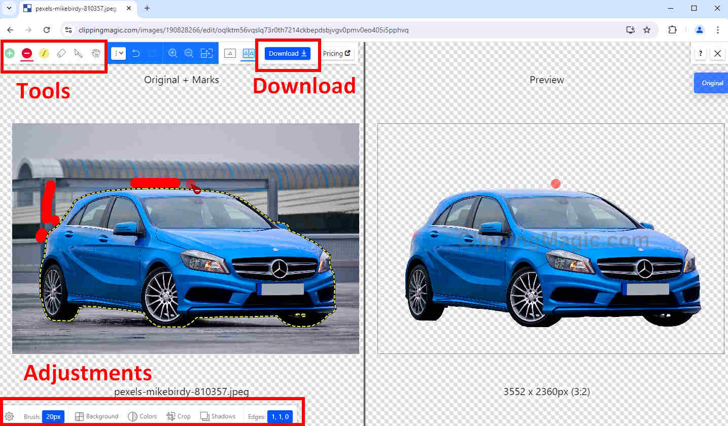 Pagina di output di Clipping Magic