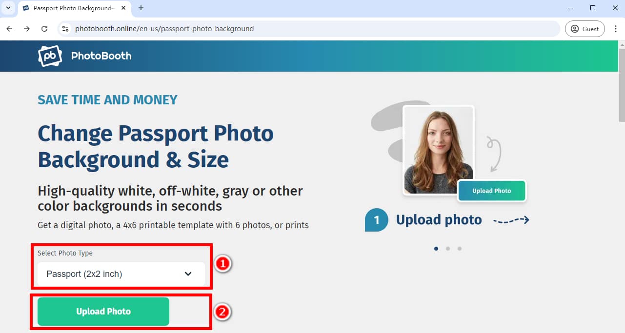 Select a photo type and upload a passport photo