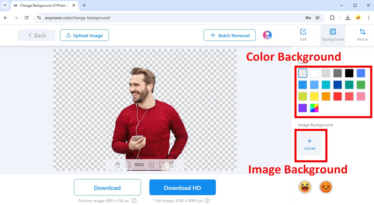 Choose a color background or upload an image background